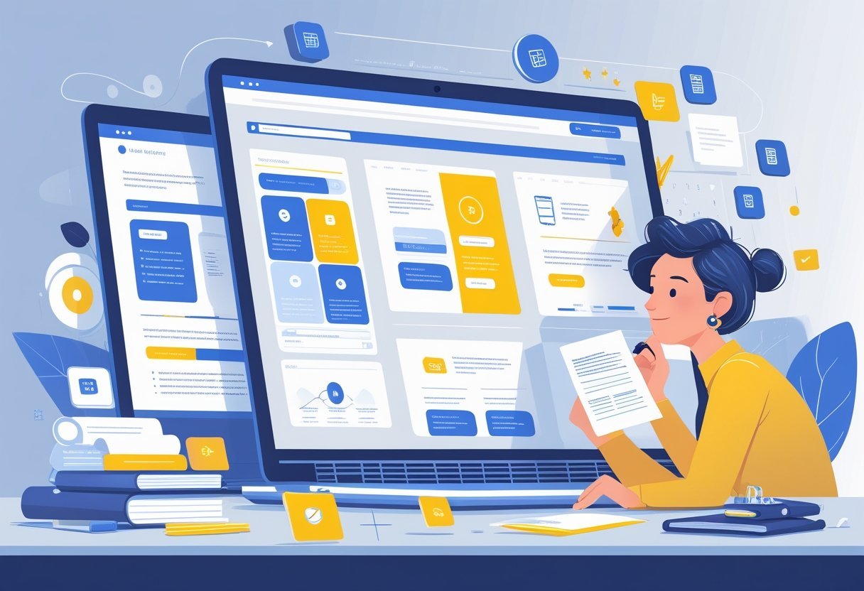 A person at a desk comparing different website layouts on a laptop screen with icons representing website builder features around them.