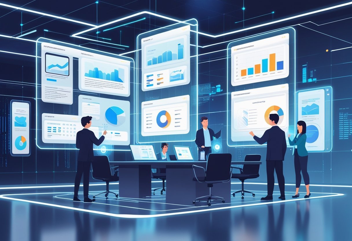 A futuristic office scene with professionals interacting with floating holographic screens showing website builder interfaces and comparison charts.