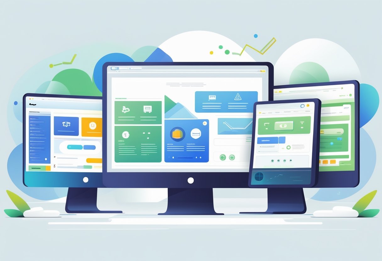 Multiple computer screens side by side showing different website builder interfaces with icons representing various core features.
