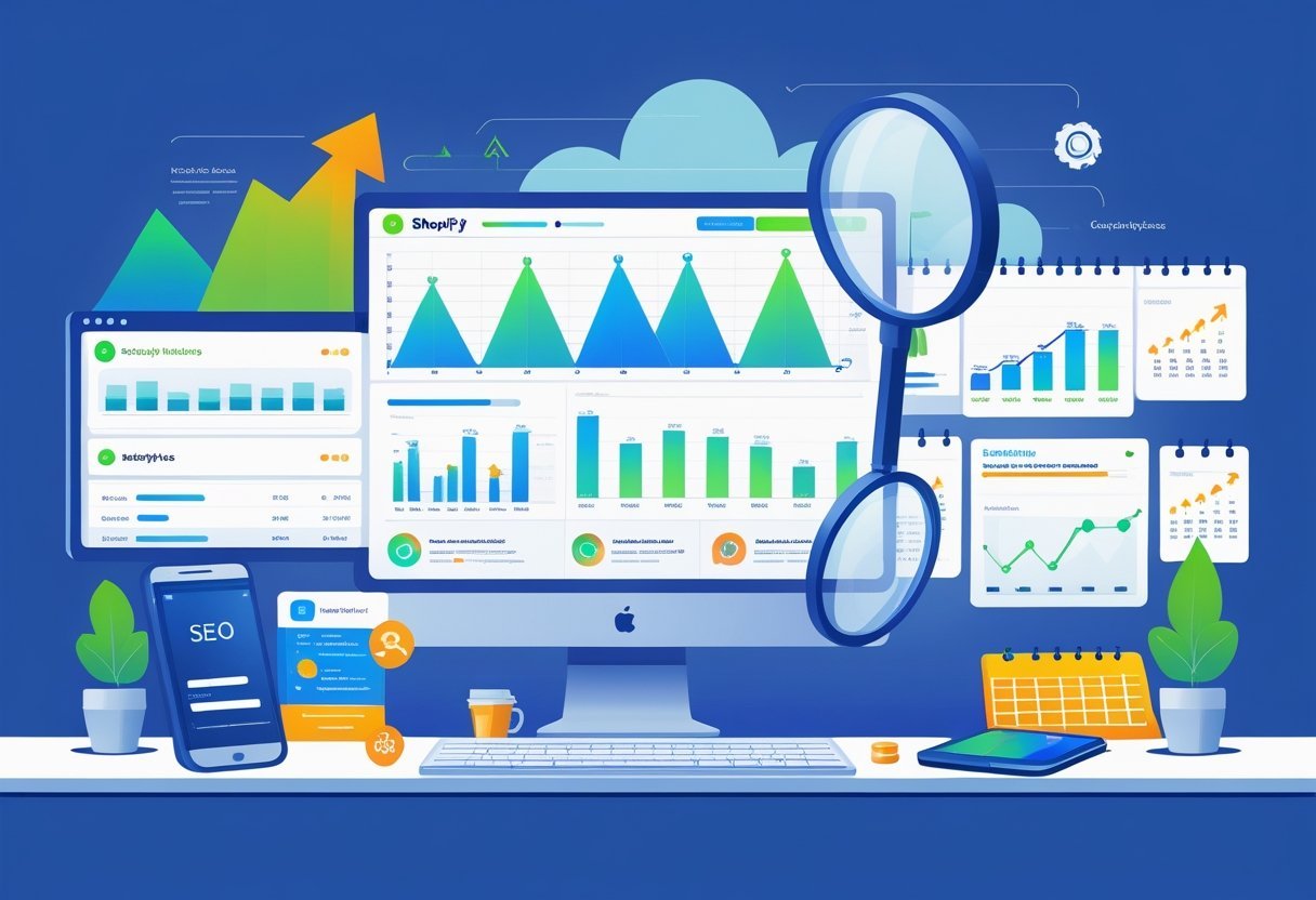 A digital marketing workspace with screens showing Shopify sales data, SEO analytics, and charts, surrounded by marketing tools and symbols.
