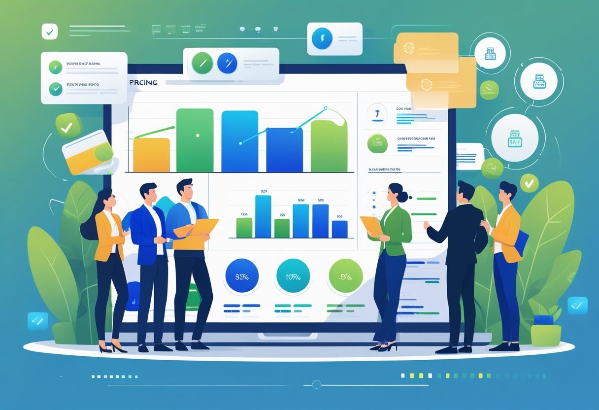 A group of people discussing pricing plans around a laptop showing charts and e-commerce icons in a modern workspace.