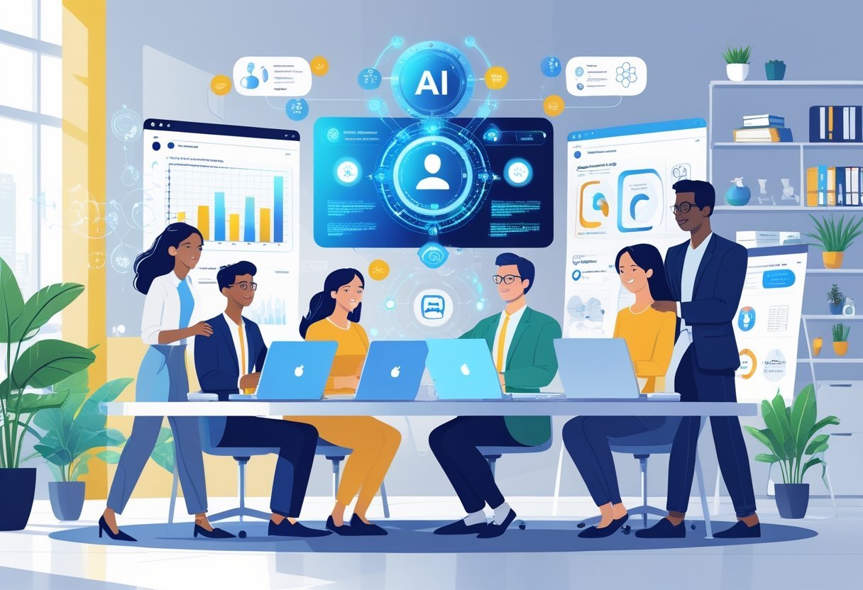 A group of diverse entrepreneurs working together in a modern office with digital devices showing AI technology and data visualizations.