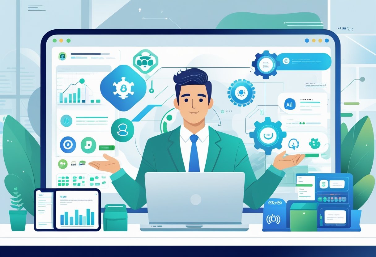 A small business owner working with multiple digital devices displaying AI-related icons in a modern office setting.