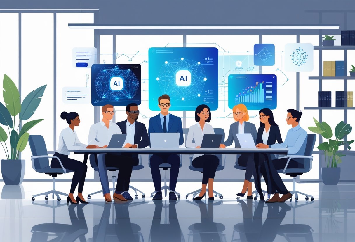 Small business team working together with laptops and digital devices showing AI-related graphics in a modern office setting.