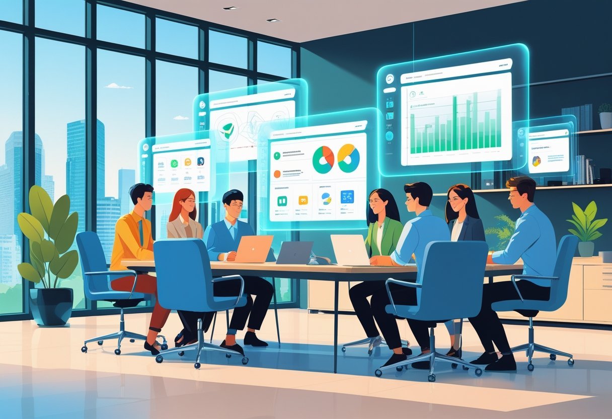 A group of young professionals collaborating around a desk with floating digital screens showing app interfaces in a modern office setting.