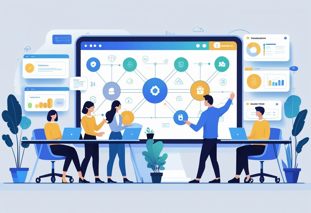 A group of people working together around a digital dashboard showing icons representing different software tool categories in a modern office setting.