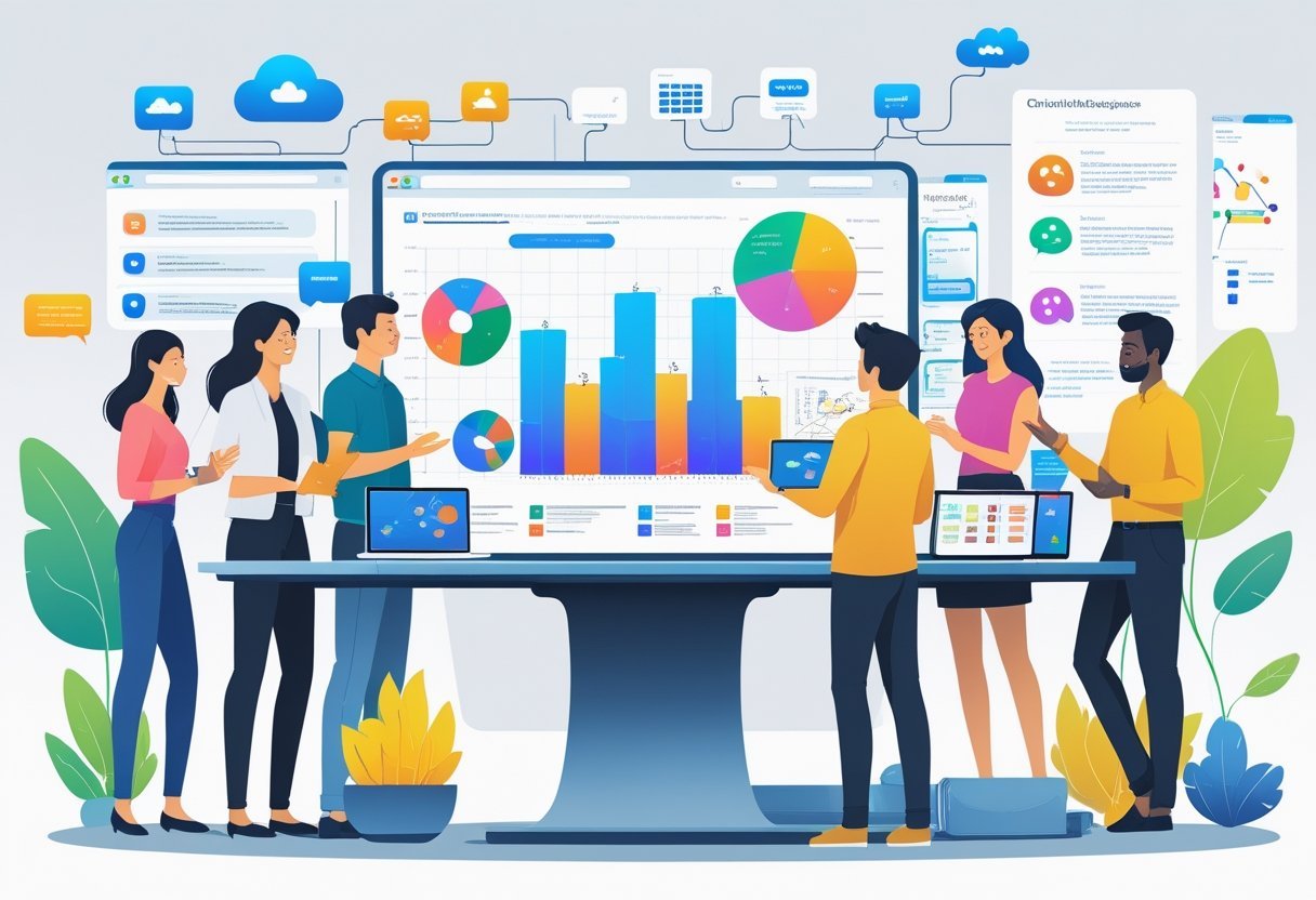 A team of diverse professionals collaborating around a digital table with laptops and devices in a bright office space filled with charts and communication tools.