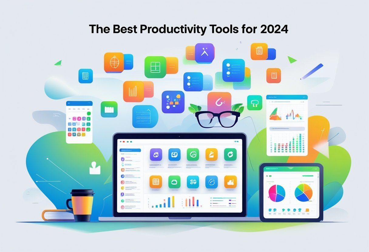 A modern workspace with a laptop, smartphone, tablet, coffee cup, and floating colorful app icons representing productivity tools.