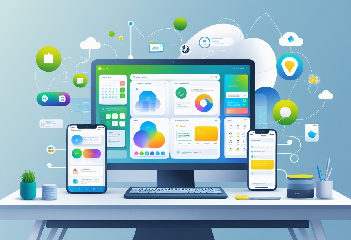 A modern workspace with digital devices displaying productivity apps and icons representing collaboration and organization.