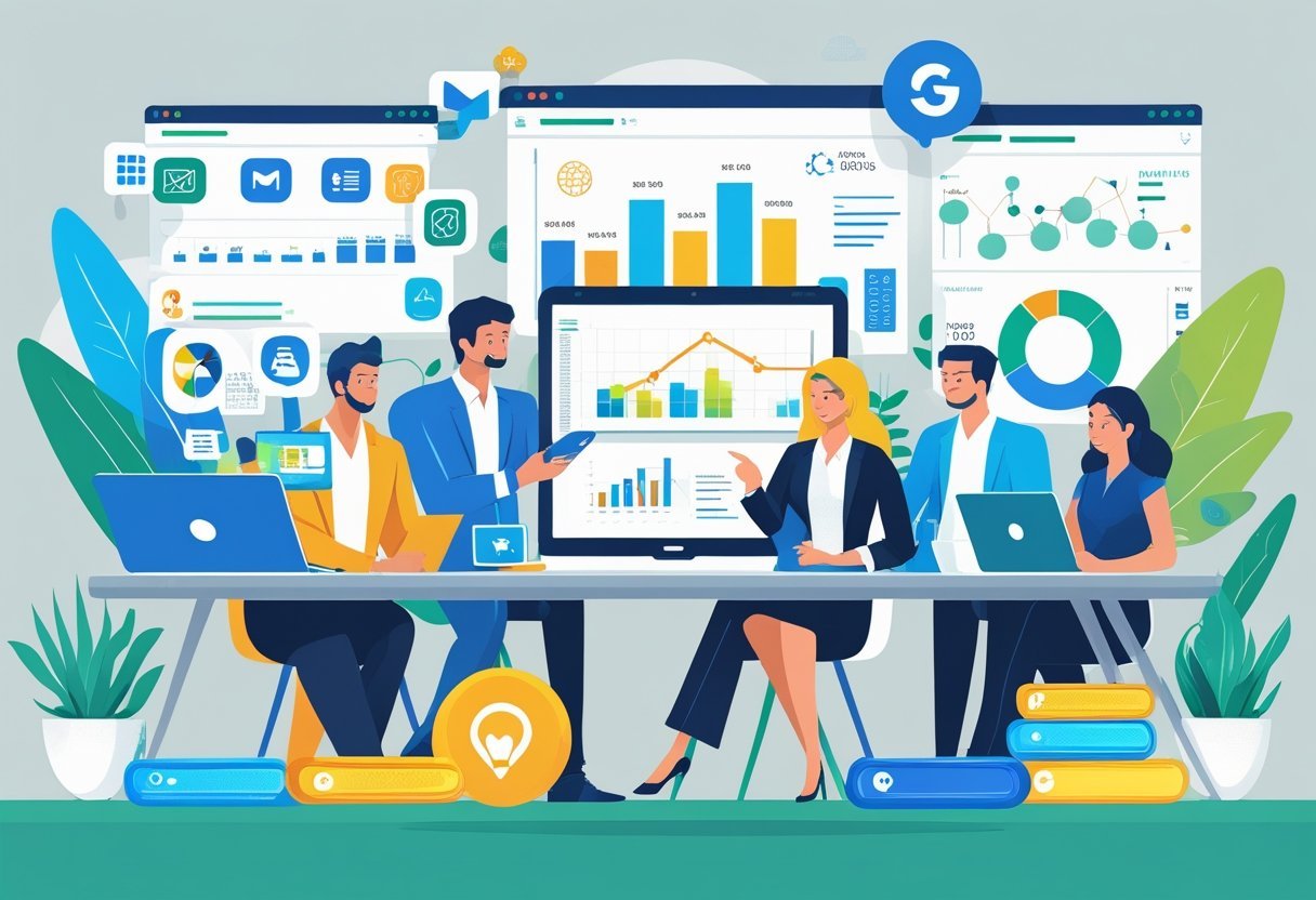 A group of entrepreneurs working together in an office with laptops and digital devices showing marketing analytics and tools.