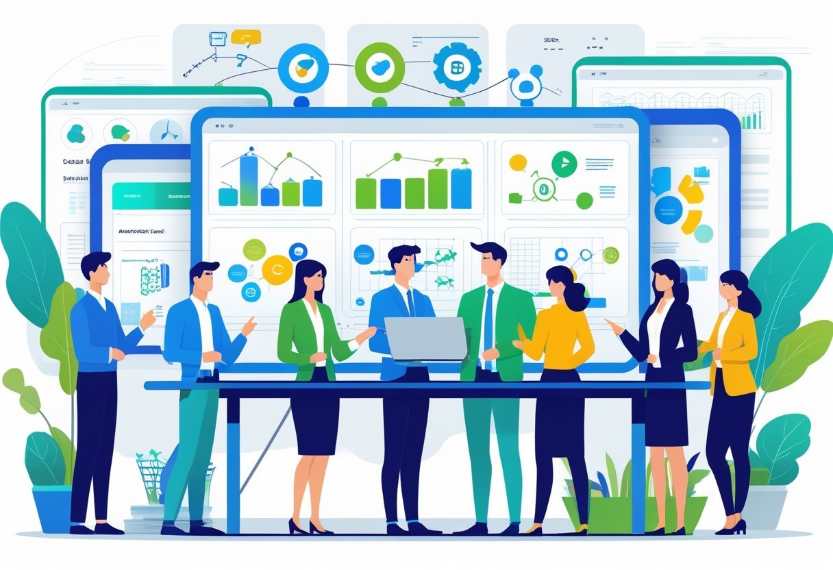 A group of business people collaborating around a digital touchscreen table displaying marketing tool icons in a modern office setting.