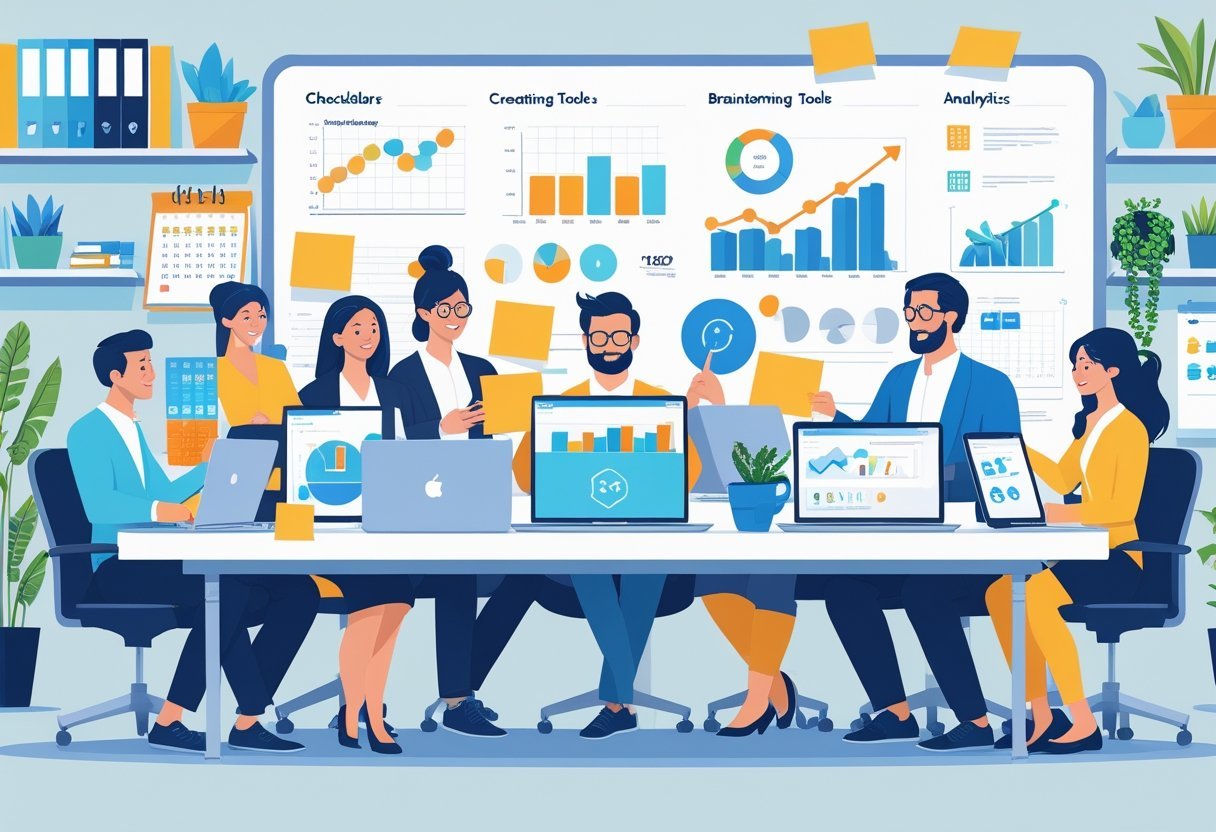 A group of entrepreneurs working together around a desk with laptops and tablets, planning marketing strategies in an organized office setting.