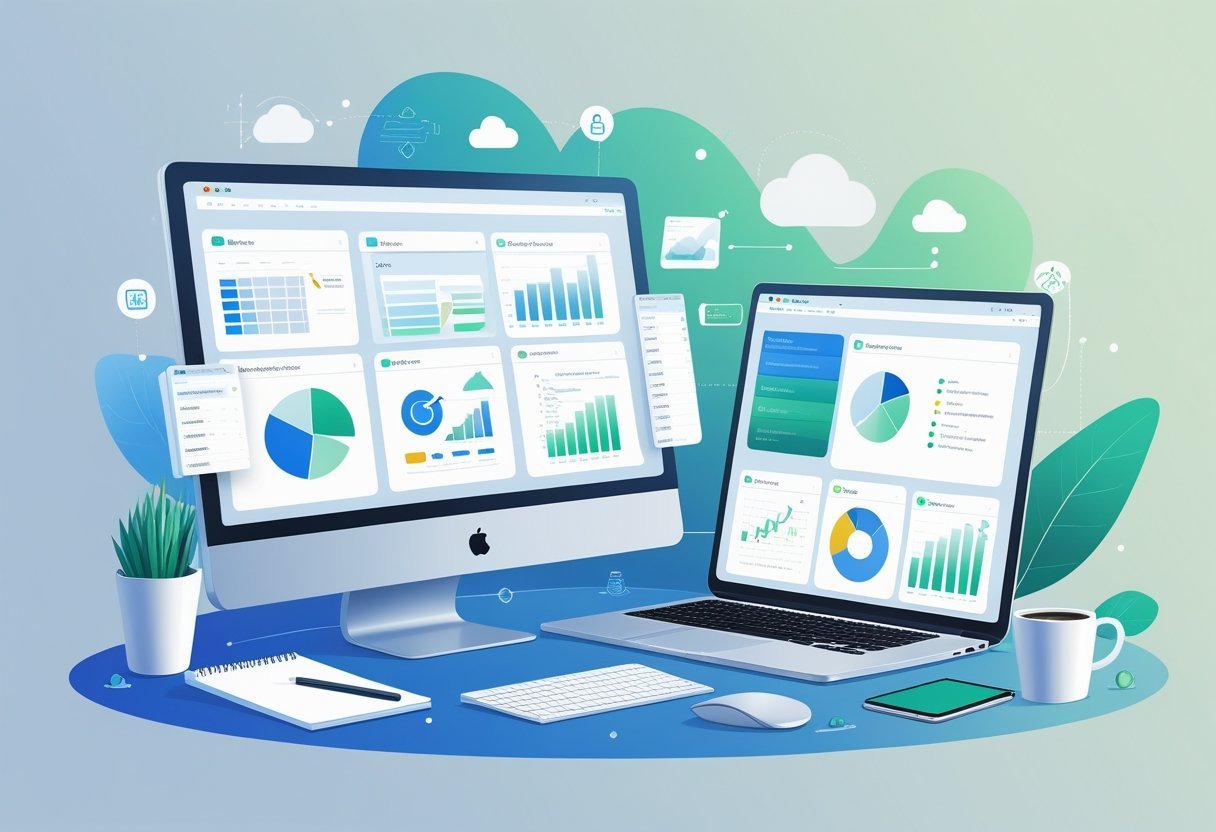 A modern office desk with a desktop computer and laptop showing business software interfaces, surrounded by icons representing cloud storage and collaboration.