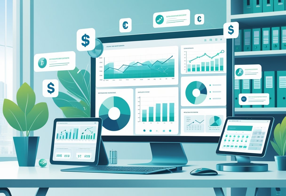 A modern office desk with a laptop and tablet showing financial charts and graphs, surrounded by icons representing accounting and finance tools.