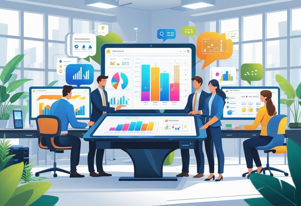 Business professionals collaborating around a digital touchscreen table displaying charts and CRM software in a bright modern office.