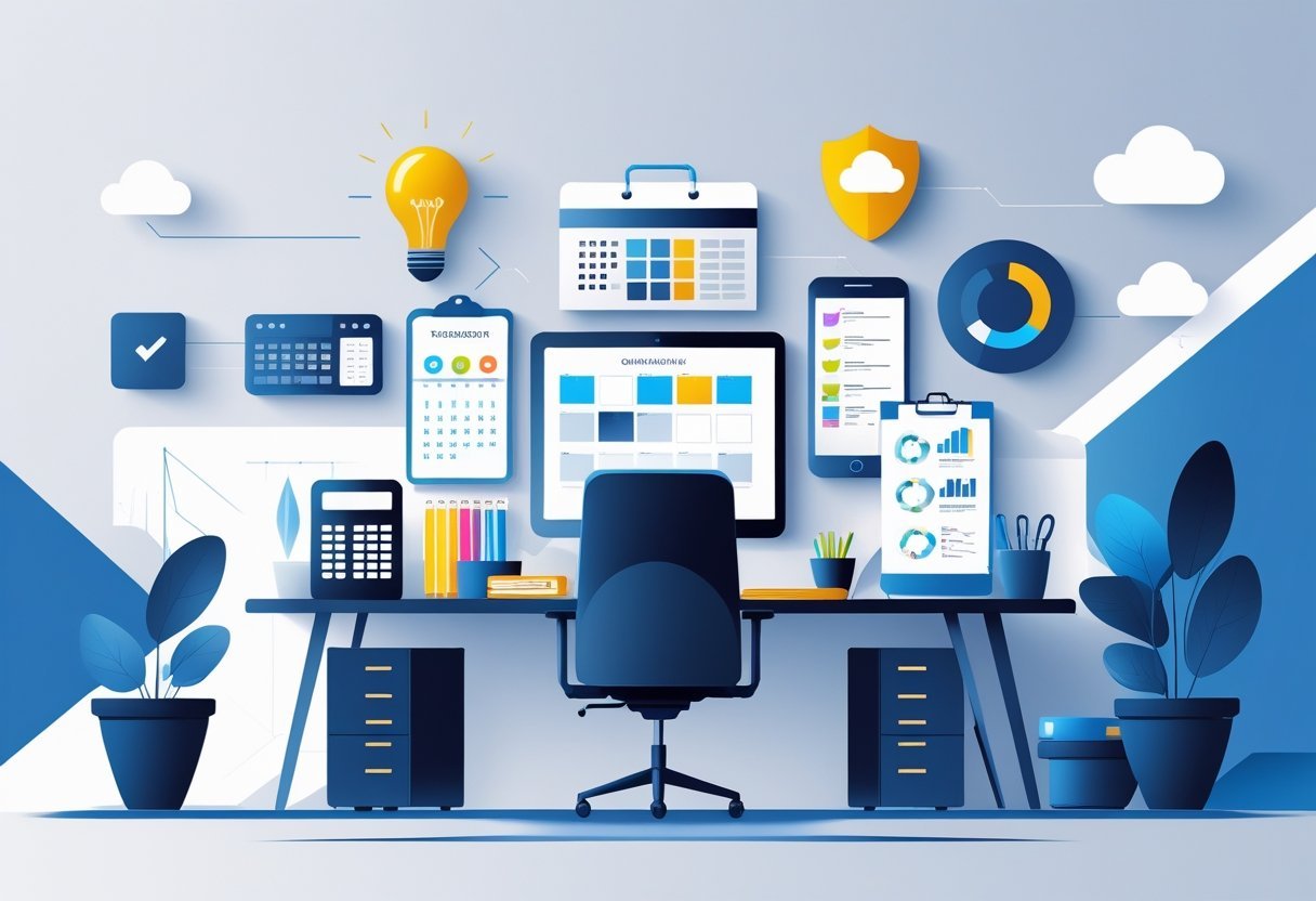 A modern office desk with ten essential business tools including a laptop, smartphone, calendar, clipboard with checklist, calculator, financial charts, lightbulb, handshake icon, cloud icon, and shield symbol.