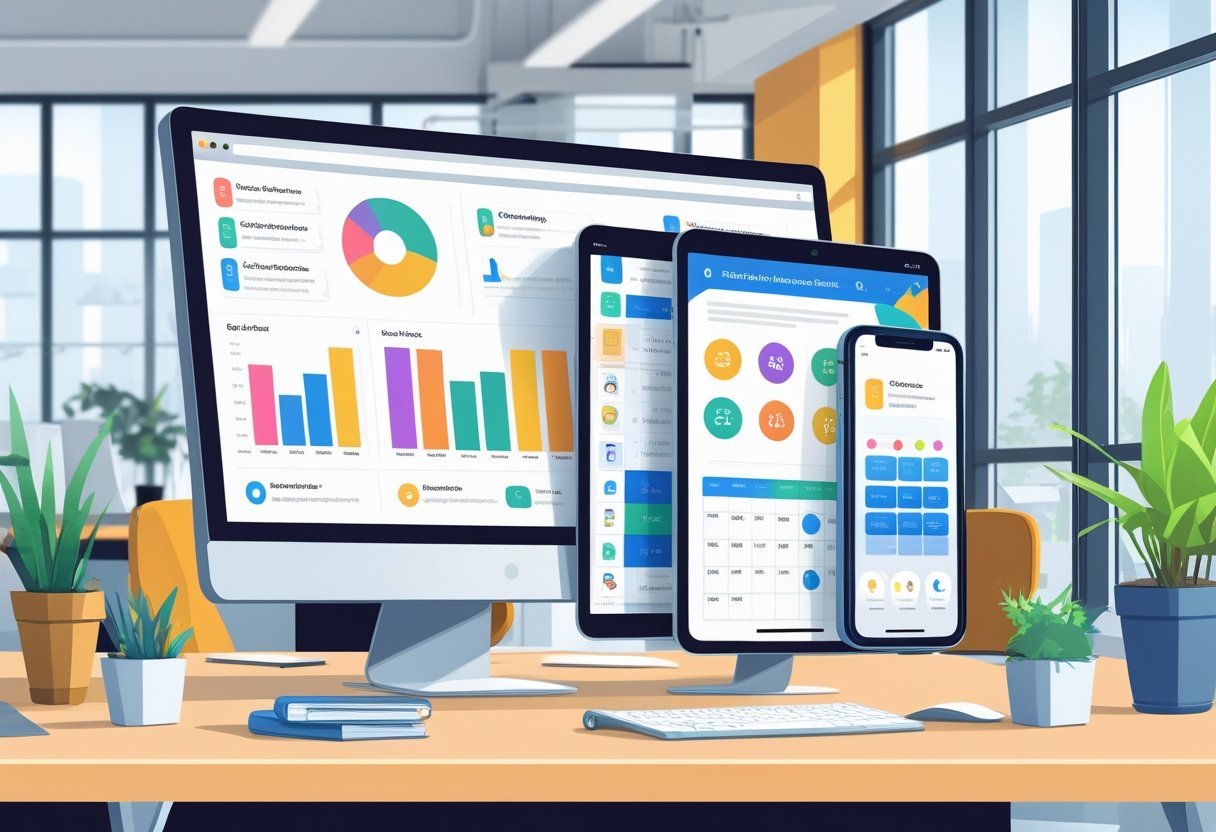 A modern office workspace with digital devices showing project management tools and icons representing collaboration and productivity.