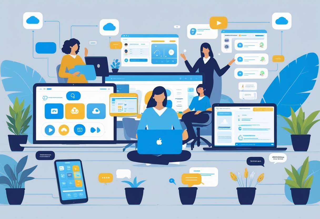 A group of people working remotely using laptops and tablets with various digital tools in a home office setting.