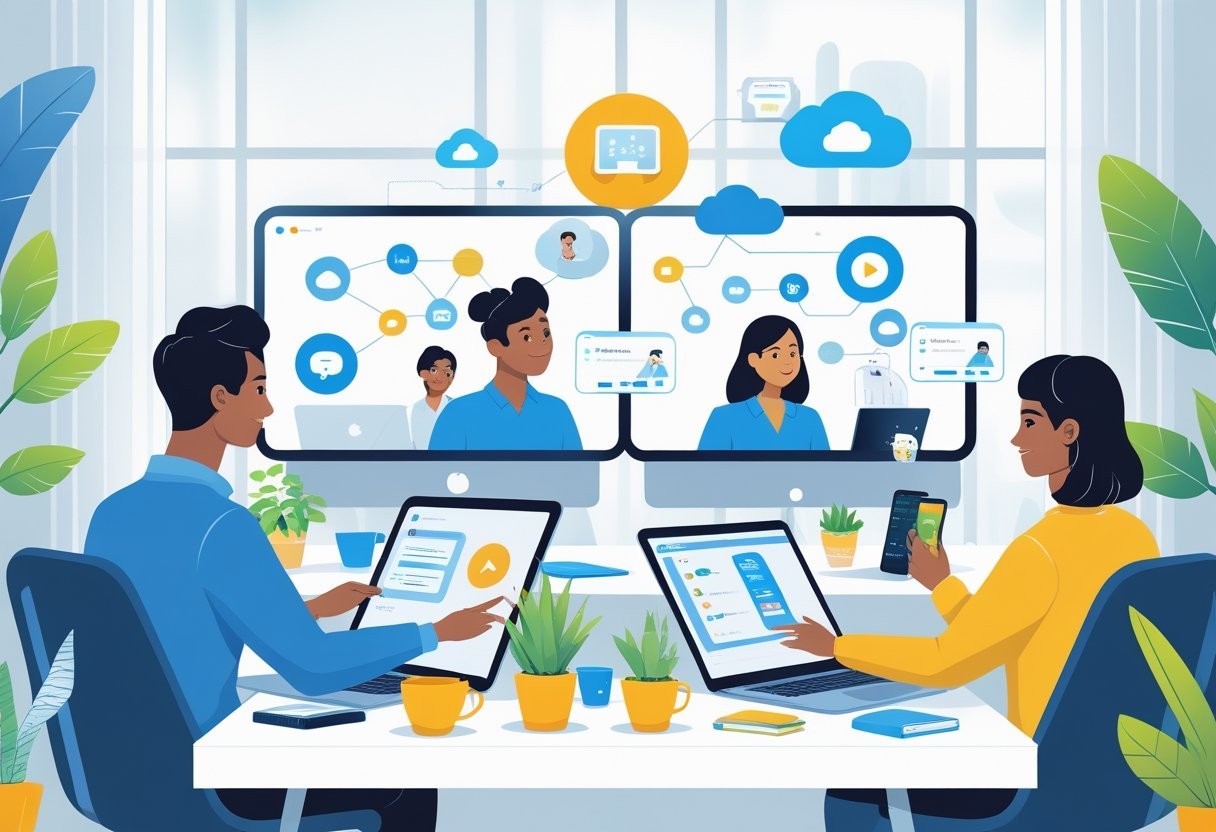 A diverse group of people working remotely from their home offices using laptops and tablets, connected through various digital tools.