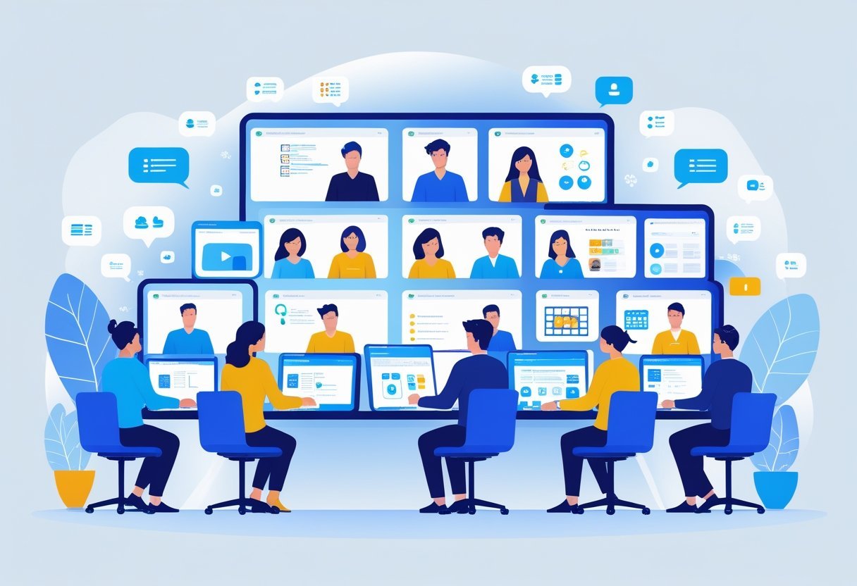A group of people participating in a virtual meeting on separate computer screens, surrounded by icons representing communication and collaboration tools.