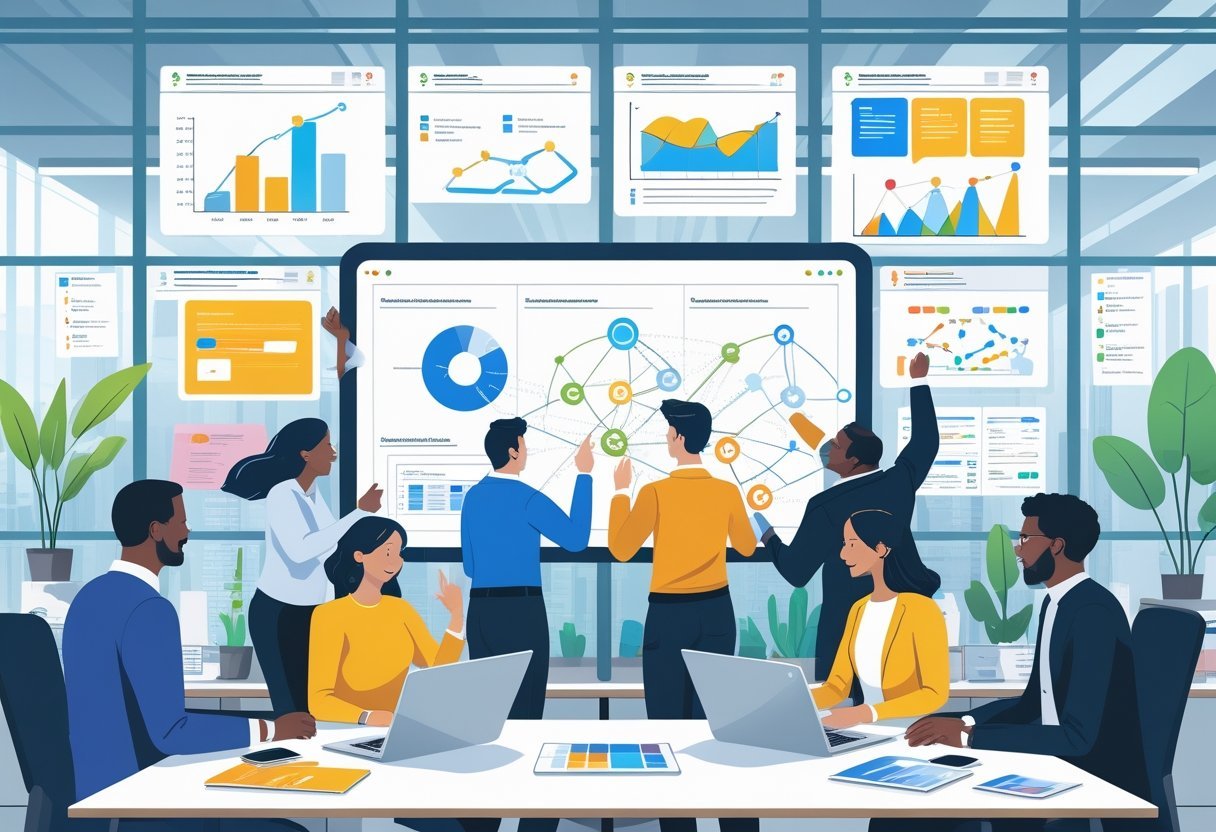 A group of diverse people working together around a digital table with laptops and tablets in a bright office space.