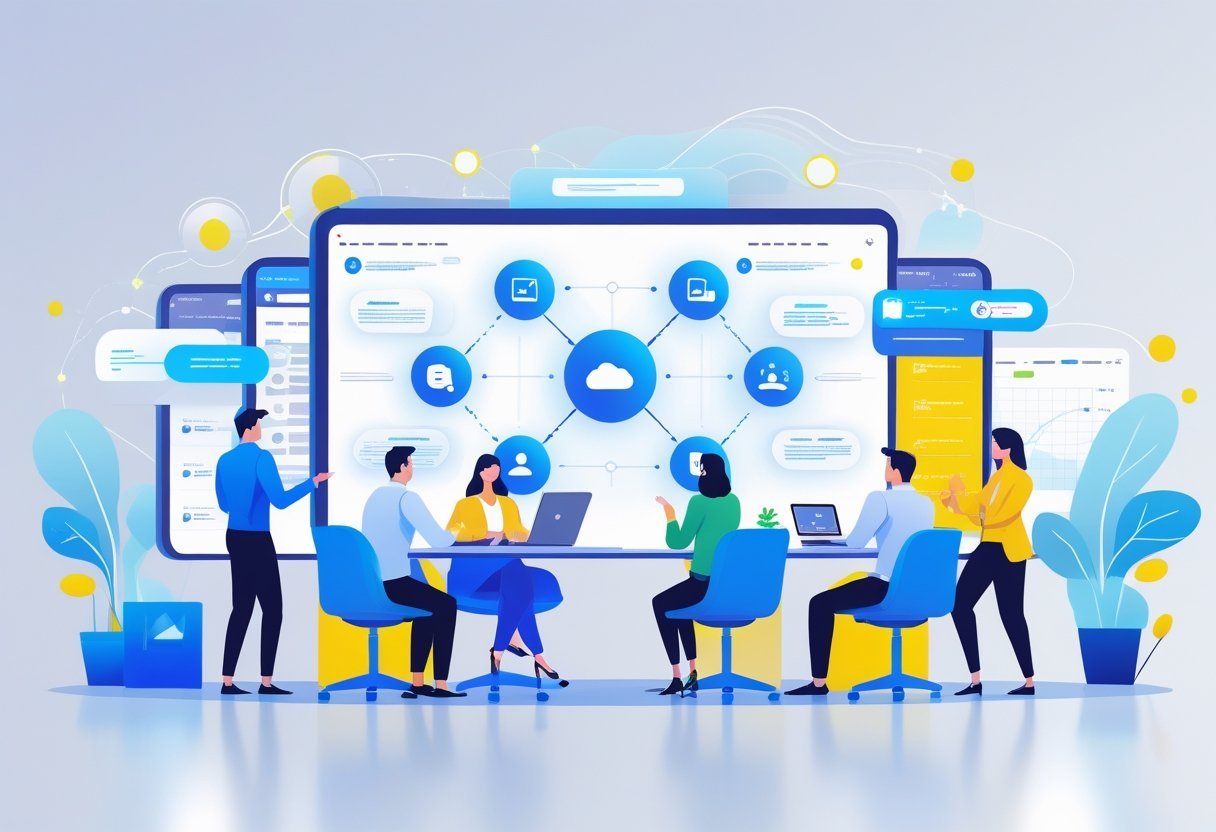 A group of professionals collaborating around a digital workspace interface showing icons for messaging, file sharing, video calls, task management, and cloud storage connected by glowing lines.