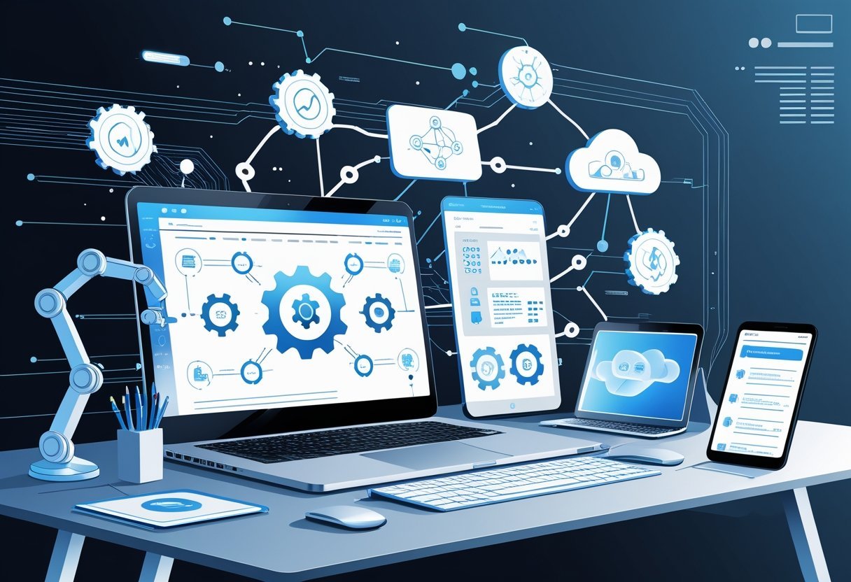 A modern workspace with digital devices showing automation icons and abstract technology elements representing automation tools.