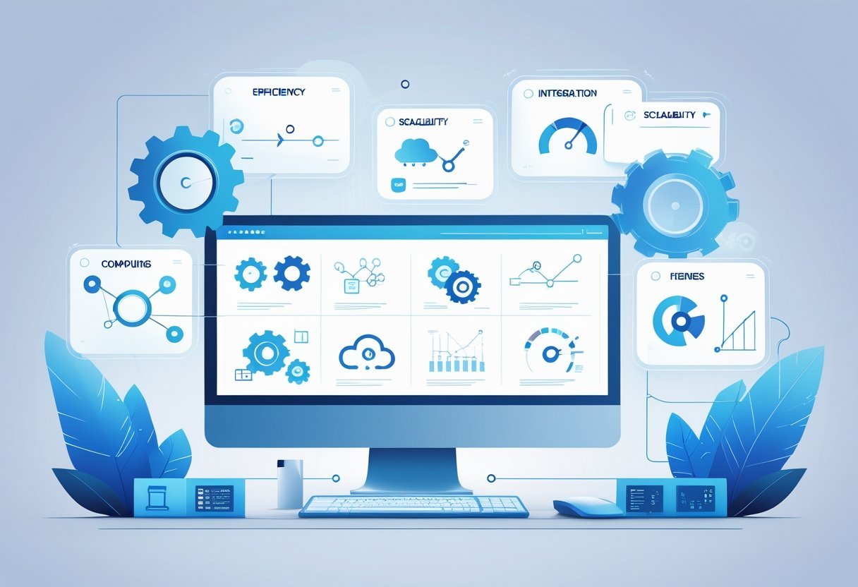 A modern workspace showing a computer with icons and holographic panels representing key factors for choosing automation tools.