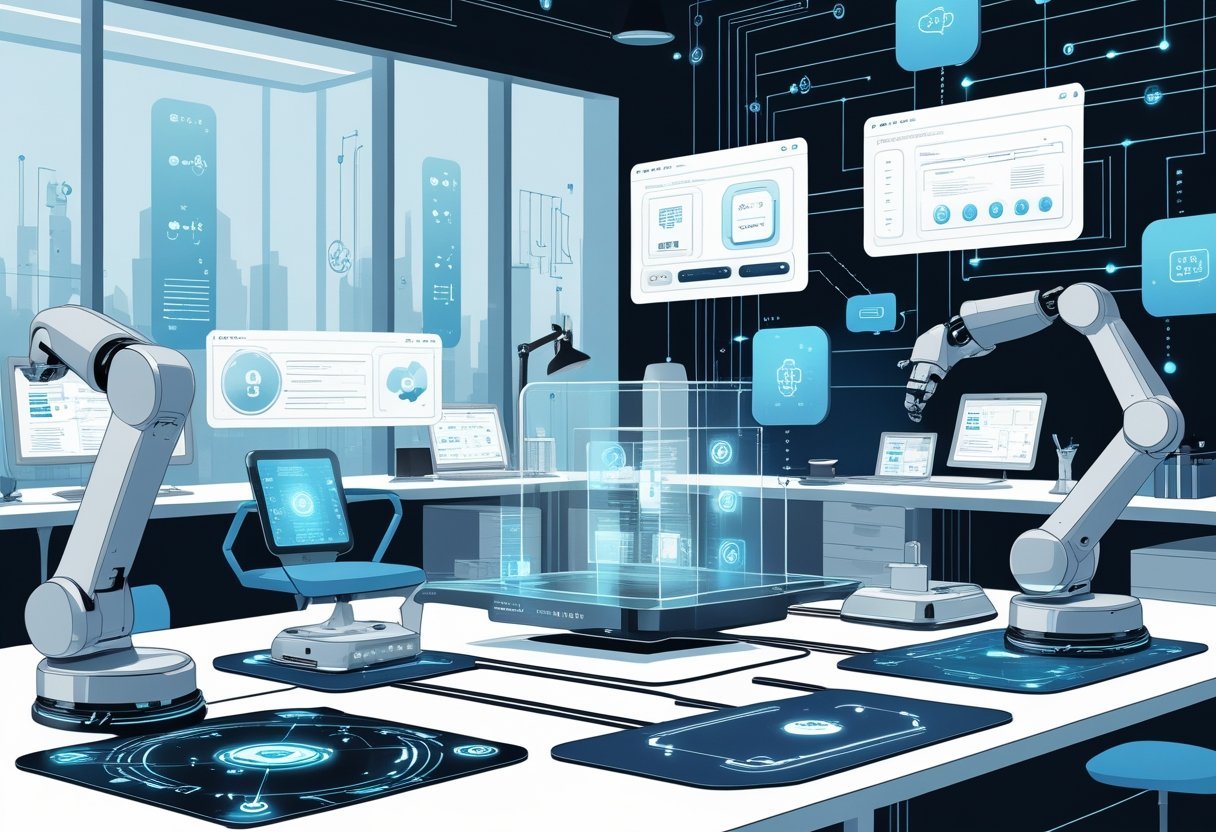 A futuristic workspace showing advanced automation tools including robotic arms, holographic screens, and smart devices interconnected in a high-tech office.