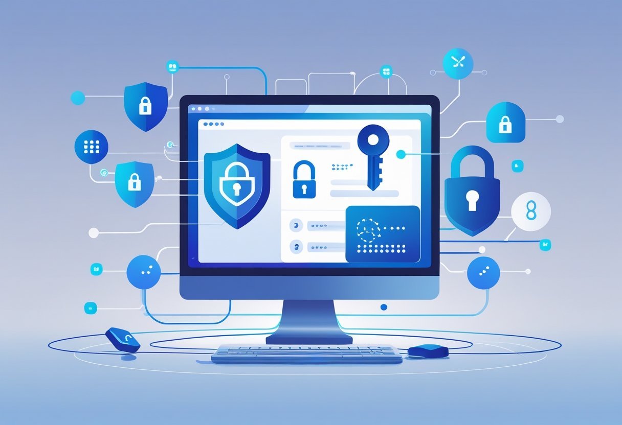A workspace with a computer screen showing icons of a shield, lock, and encrypted data surrounded by floating keys and network lines symbolizing password security.