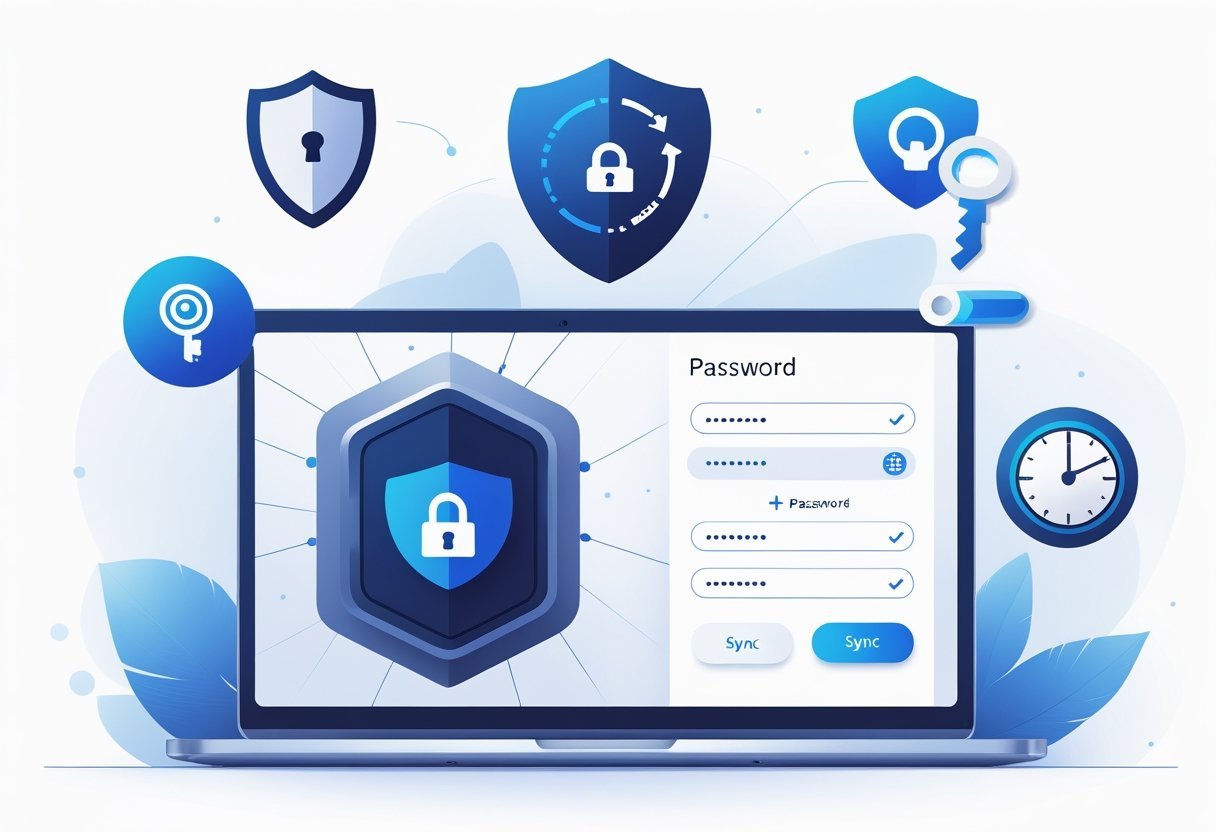 An illustration showing a digital vault surrounded by security icons like a shield, key, fingerprint, and clock, alongside a laptop or smartphone screen displaying password management elements.