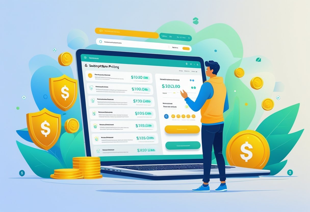 A person using a laptop to compare multiple subscription plans on a digital dashboard, surrounded by icons representing security and value.
