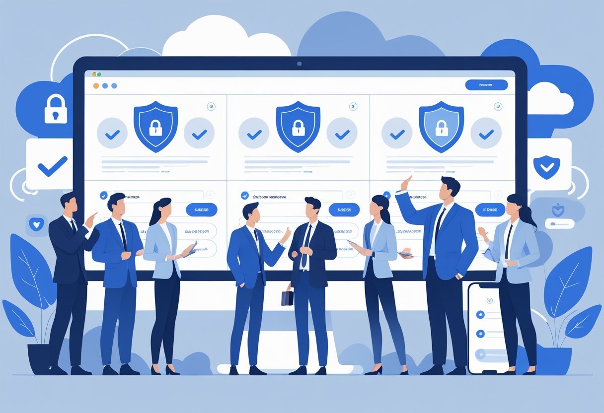 A group of professionals examining a large screen displaying icons representing different password managers, surrounded by devices and security symbols.