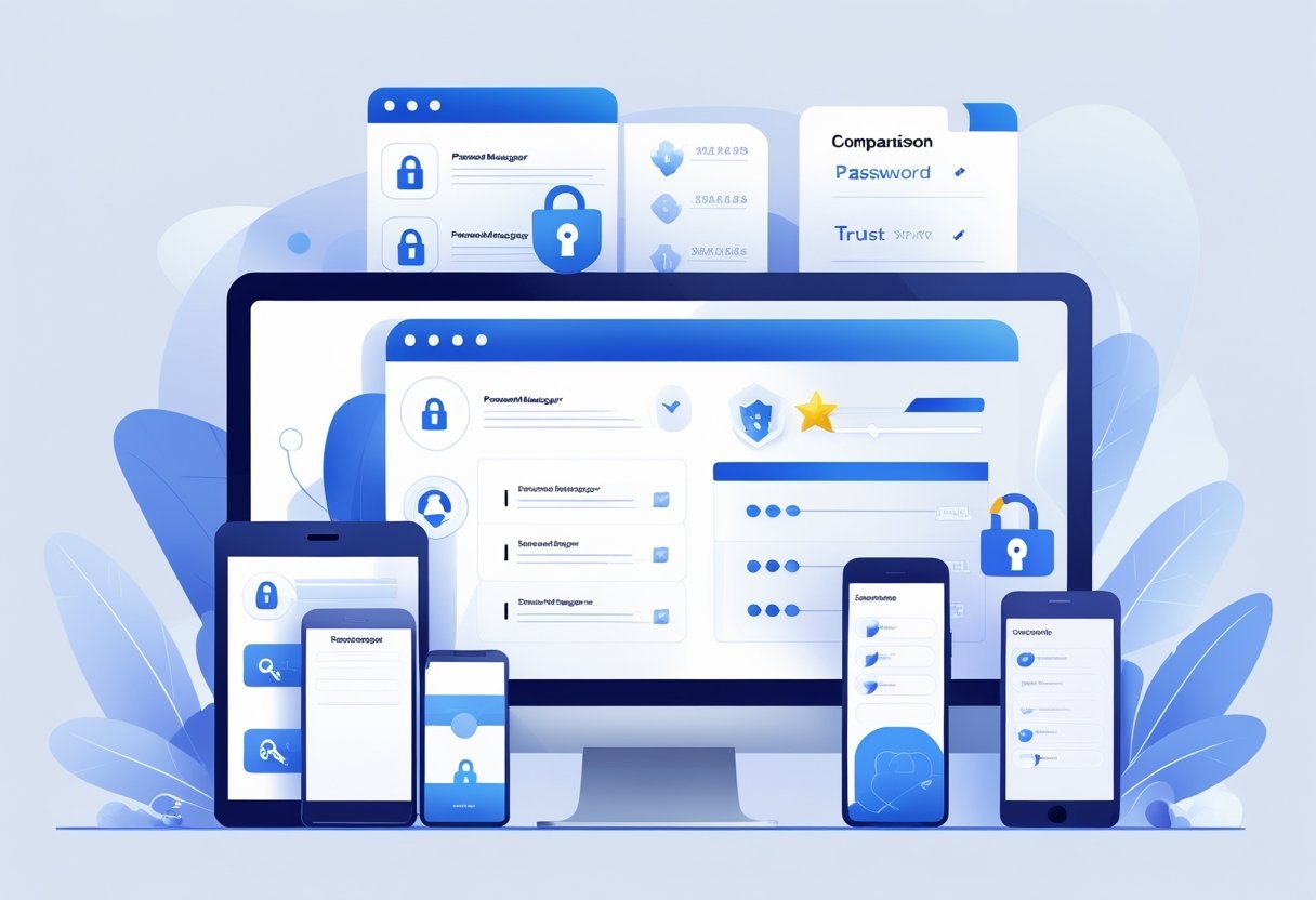 An illustration showing multiple devices with security icons and charts representing a comparison of password manager features.