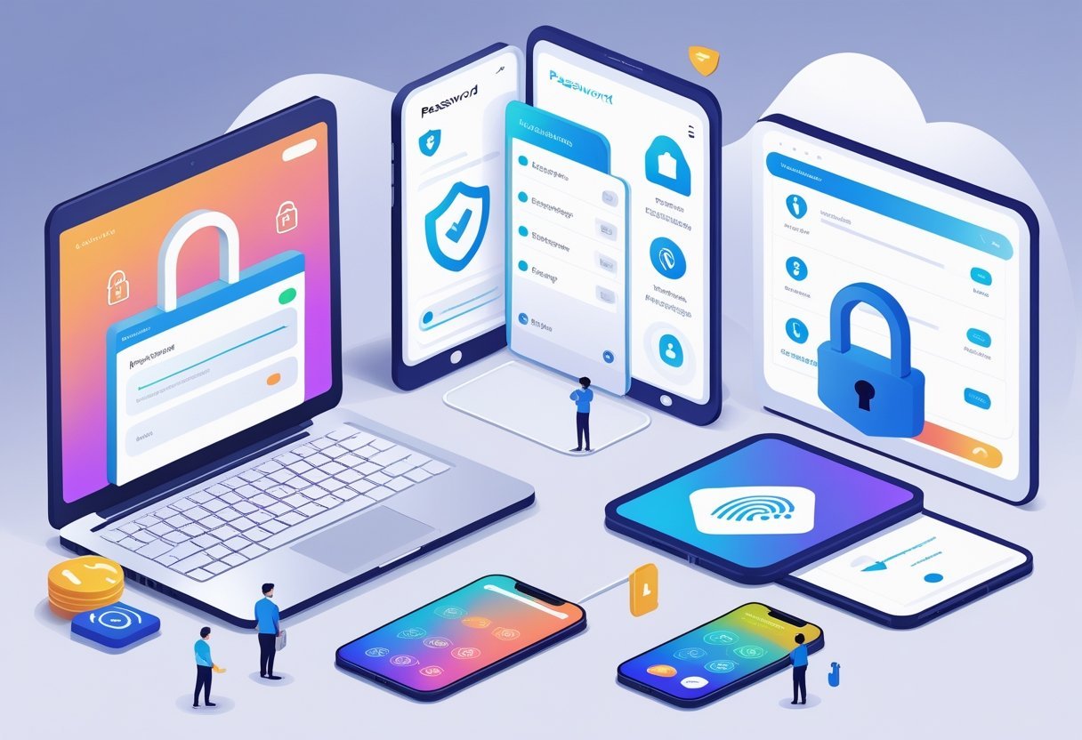 Three side-by-side scenes showing a laptop for free password manager, a desktop with advanced security features for paid password manager, and a smartphone with built-in password manager settings.