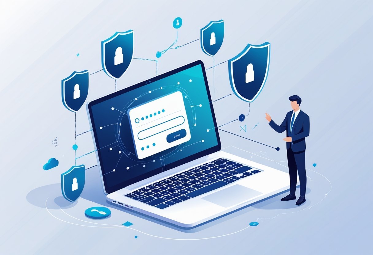 A person using a laptop with icons of locks and shields around it, representing digital security and password management.