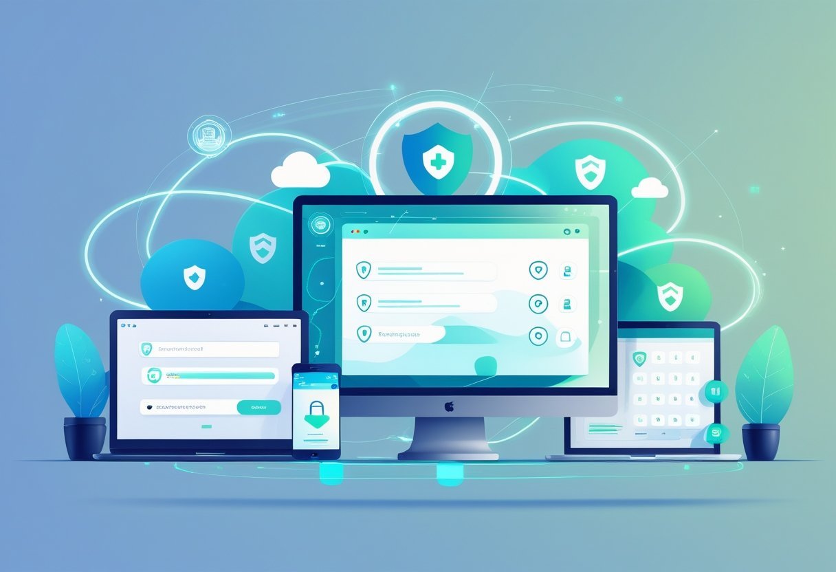 Multiple digital devices including a smartphone, tablet, laptop, and desktop connected by glowing lines, showing secure synchronization and integration.