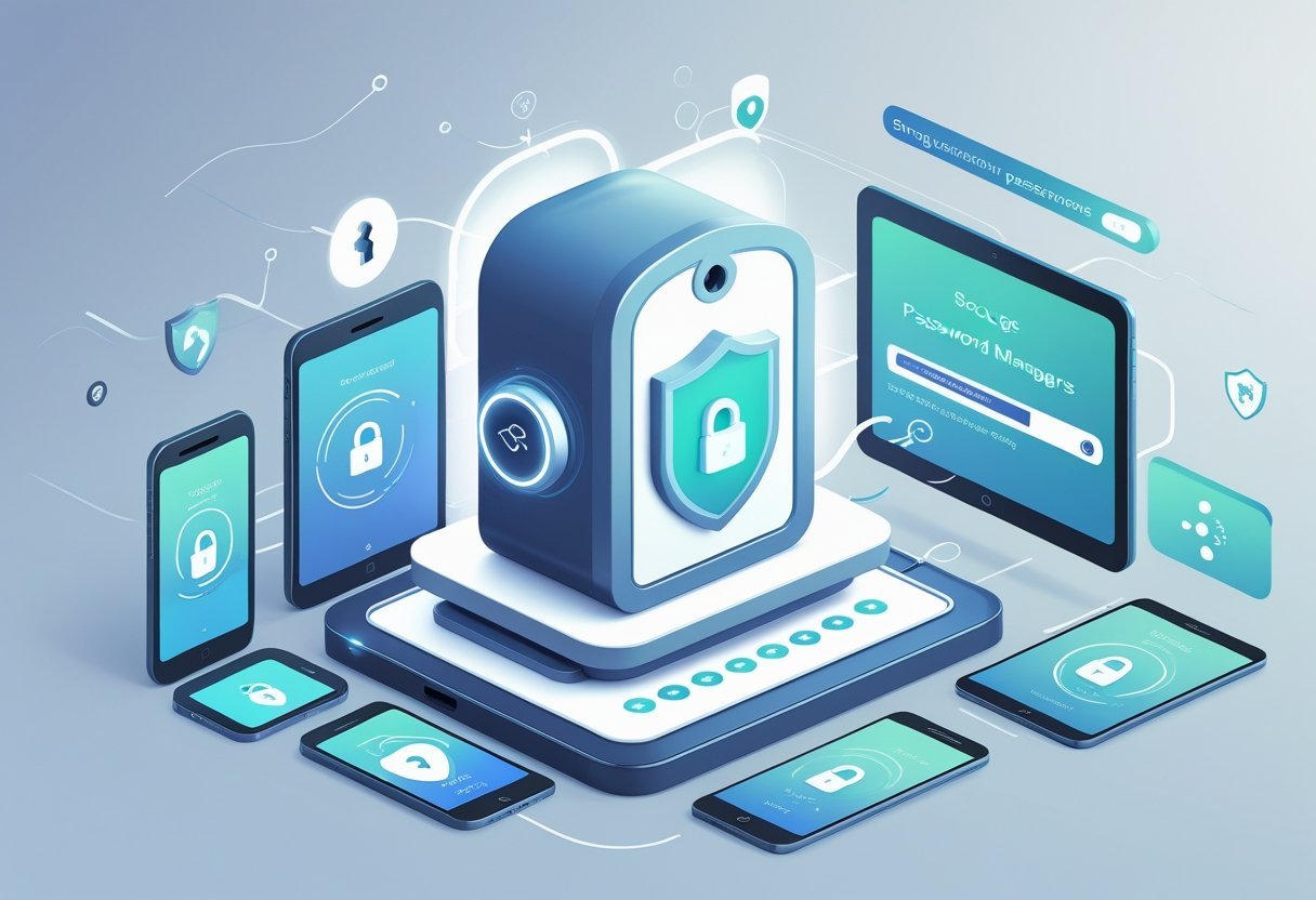 A digital vault surrounded by a smartphone, laptop, and tablet with lock icons and encrypted data streams symbolizing secure password management.