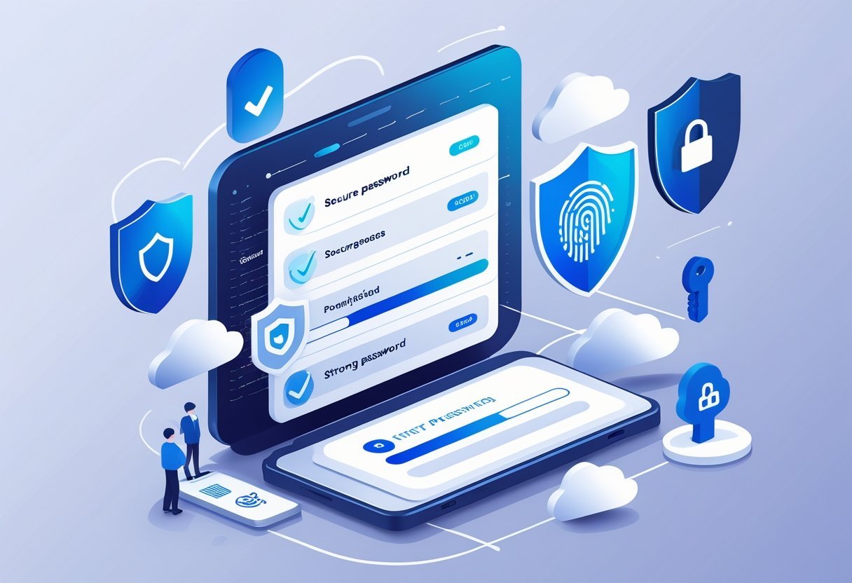 A digital interface showing secure password entries surrounded by icons representing security, biometric authentication, cloud backup, and encryption.