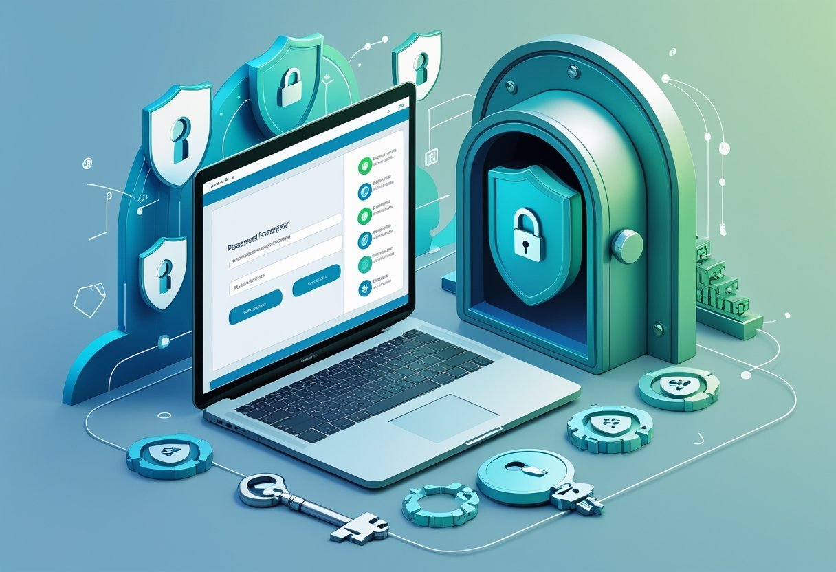A digital workspace showing a laptop with a secure login screen, surrounded by shield icons, padlocks, and a vault symbolizing password security.