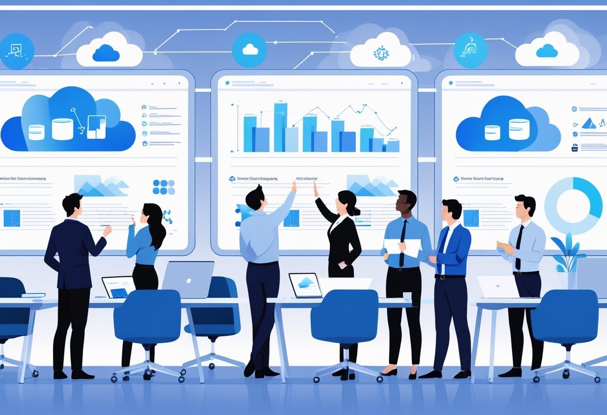 A group of professionals in an office reviewing digital documents together on large transparent screens.