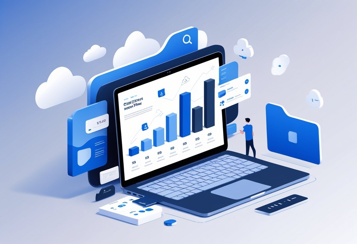 A modern workspace with a laptop showing abstract charts and icons related to cloud storage plans, surrounded by floating cloud and folder symbols.