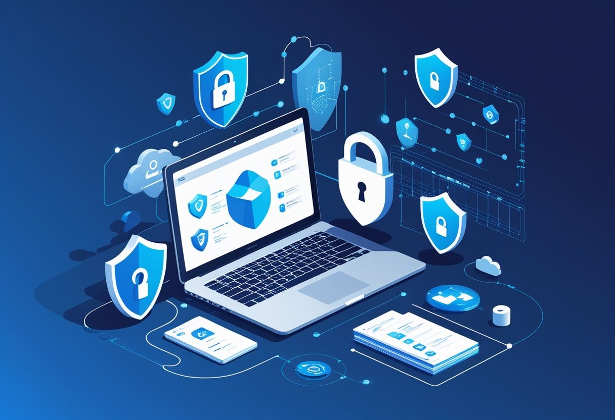 A laptop showing cloud storage surrounded by security icons like locks, shields, and encrypted data streams representing data protection and privacy.