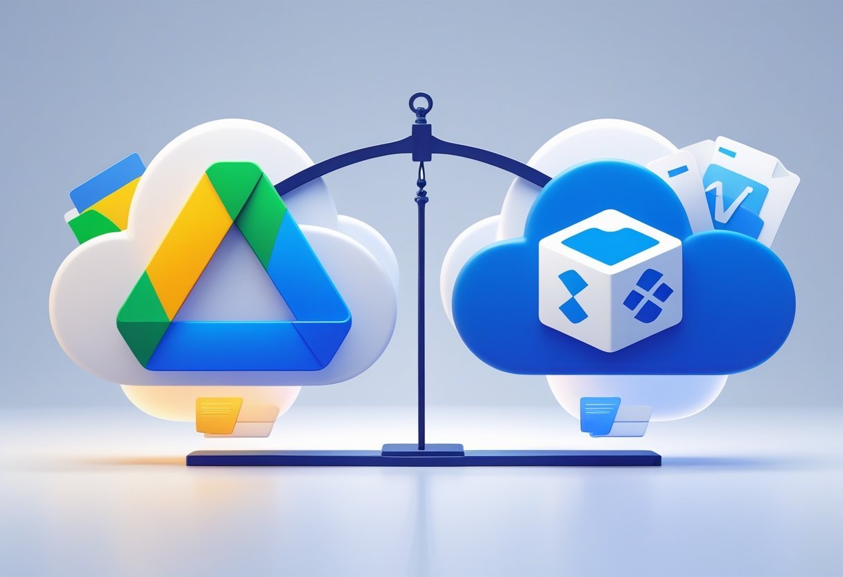 Two stylized cloud icons side by side representing Google Drive and Dropbox, each surrounded by digital files and folders with a subtle balance scale between them.