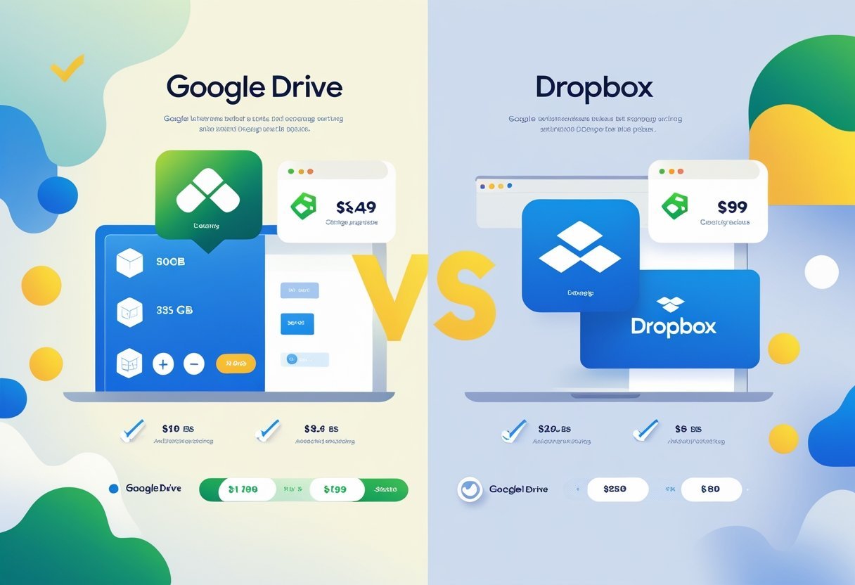 Side-by-side comparison of Google Drive and Dropbox storage plans with icons representing storage sizes, pricing, and features.