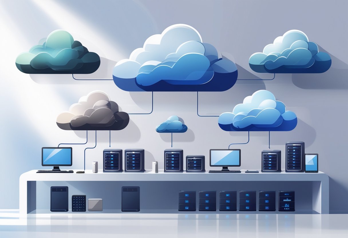 Illustration showing several cloud icons connected to different storage devices, representing a comparison of cloud storage options.