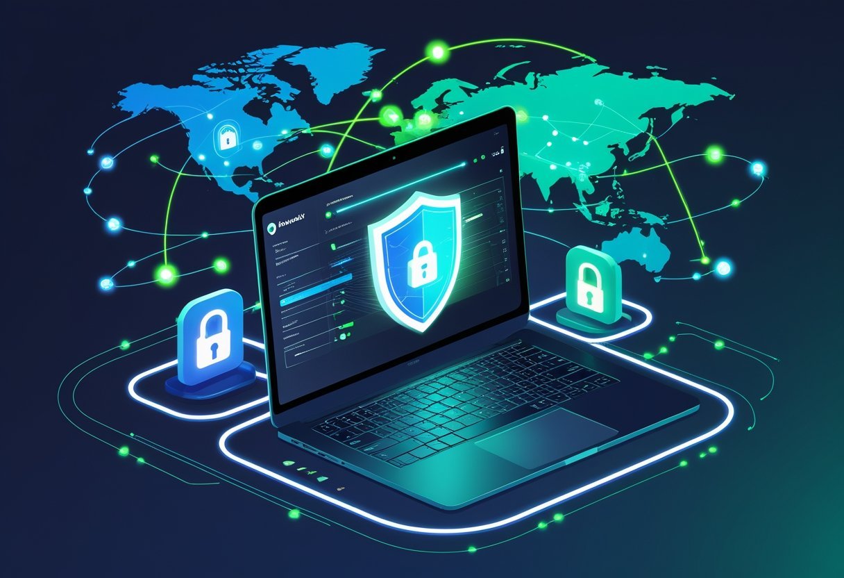 A laptop showing a secure connection with shield and padlock icons, surrounded by flowing data streams and a world map with connected nodes representing global VPN servers.