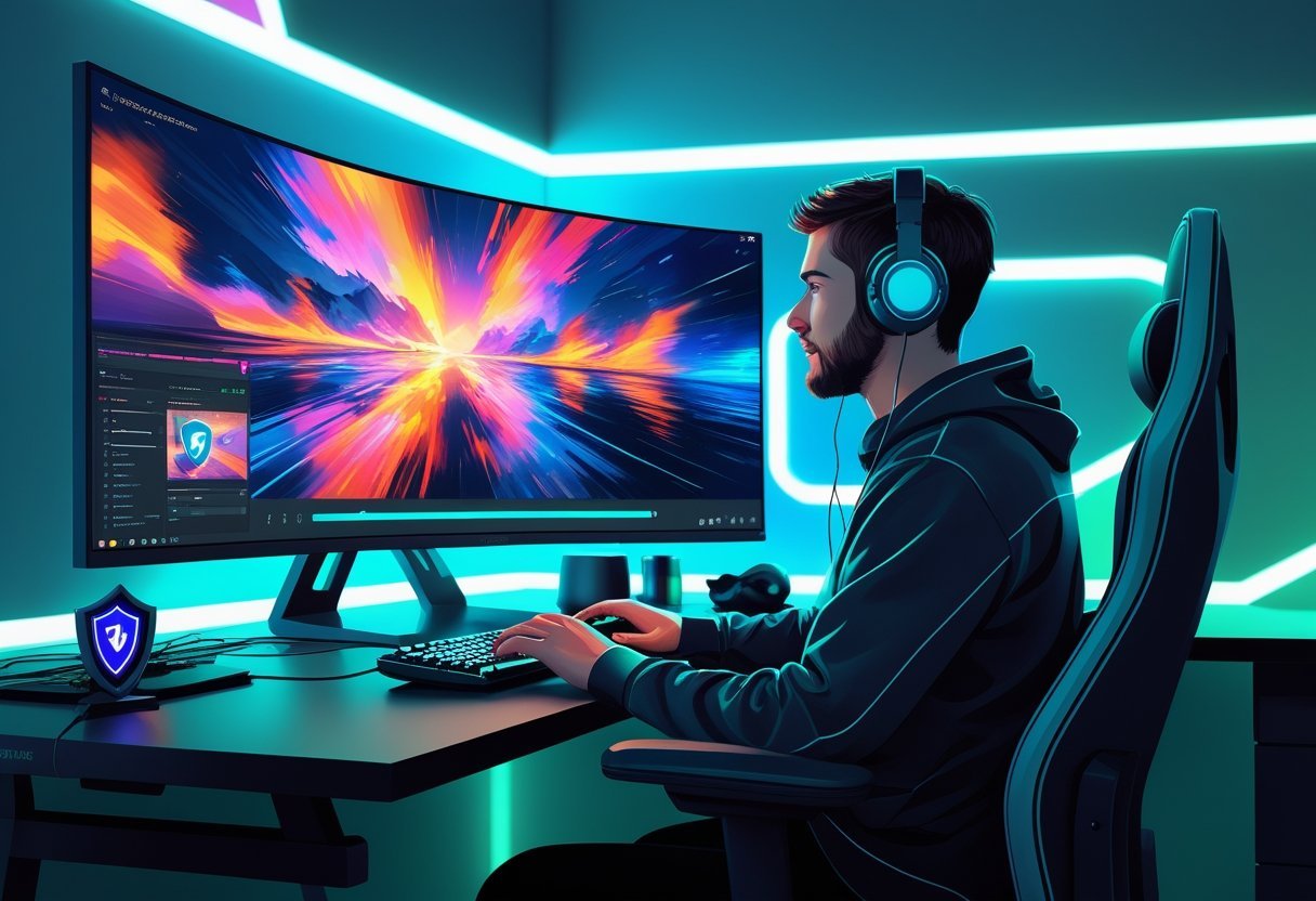 A person sitting at a desk with a curved monitor showing streaming, downloading, and gaming visuals, surrounded by ambient blue and green lighting and symbols of internet security.