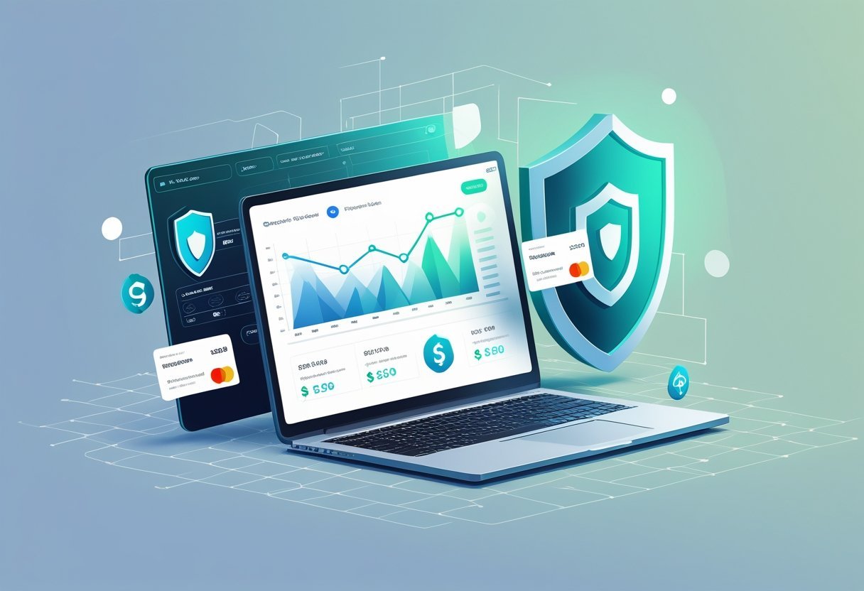 A laptop on a desk showing abstract charts and icons representing VPN plans, pricing, and payment options, with a glowing shield symbolizing security in the background.
