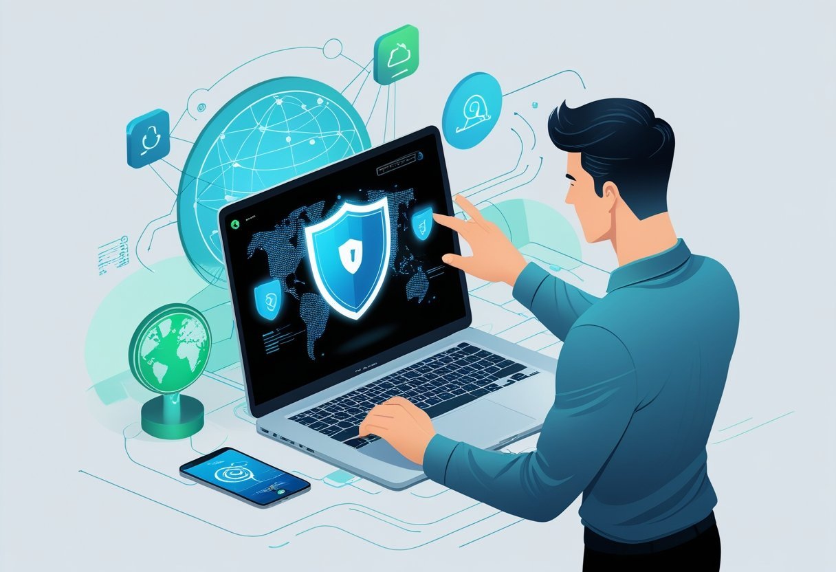 A person using a laptop with a digital shield icon on the screen, surrounded by holographic elements representing internet security and privacy.